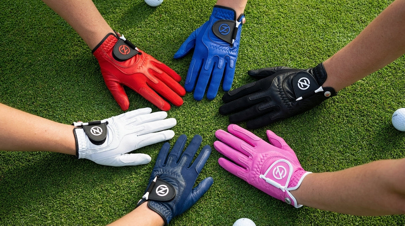 Gants de golf de différentes couleurs disposés en cercle sur un green de golf
